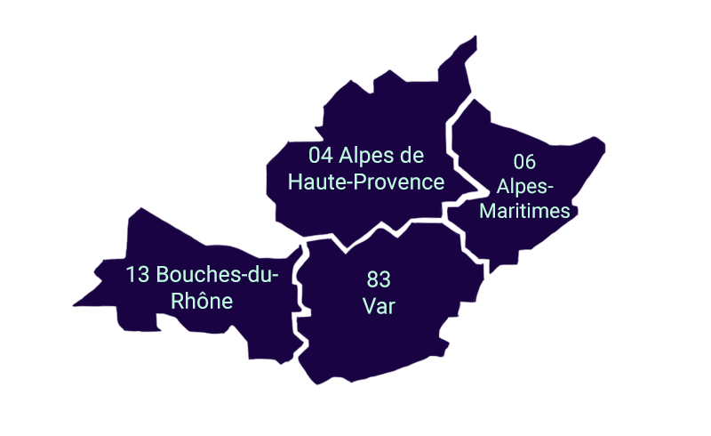 Carte de compétence territoriale du commissaire de justice SANSON – PACA : Bouches-du-Rhône, Var, Alpes-Maritimes, Alpes de Haute-Provence